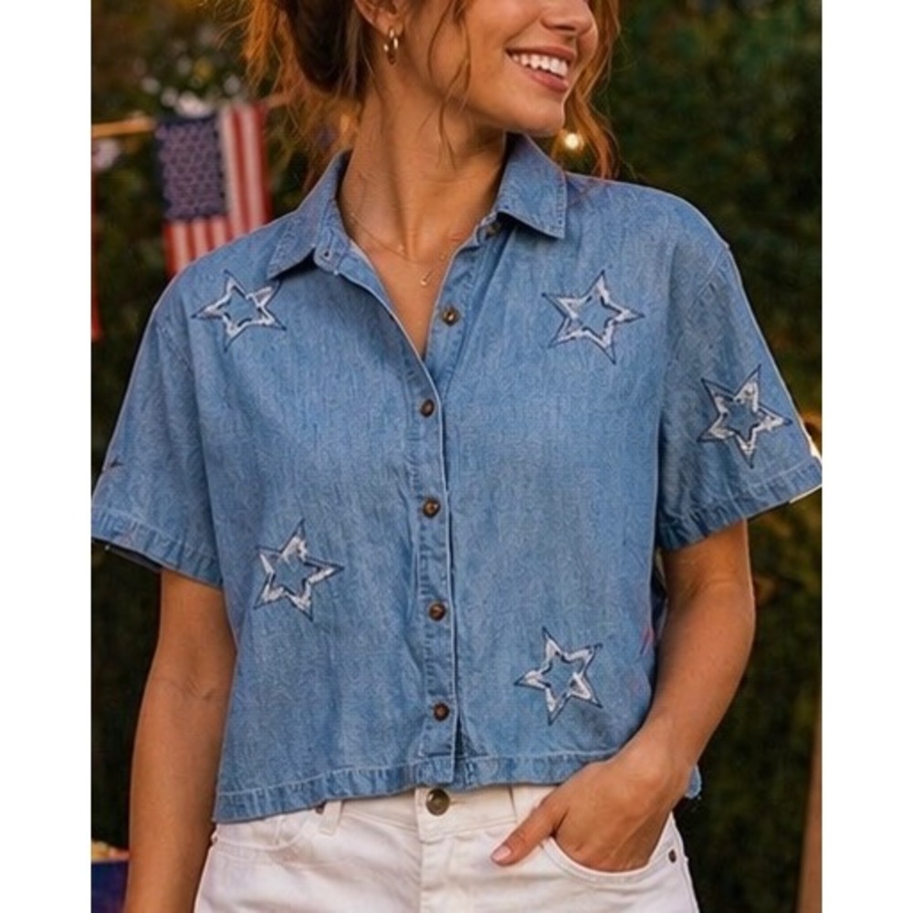 Jane + Delancey Womens Shirt Blue Medium Star Americana 4th of July Festival